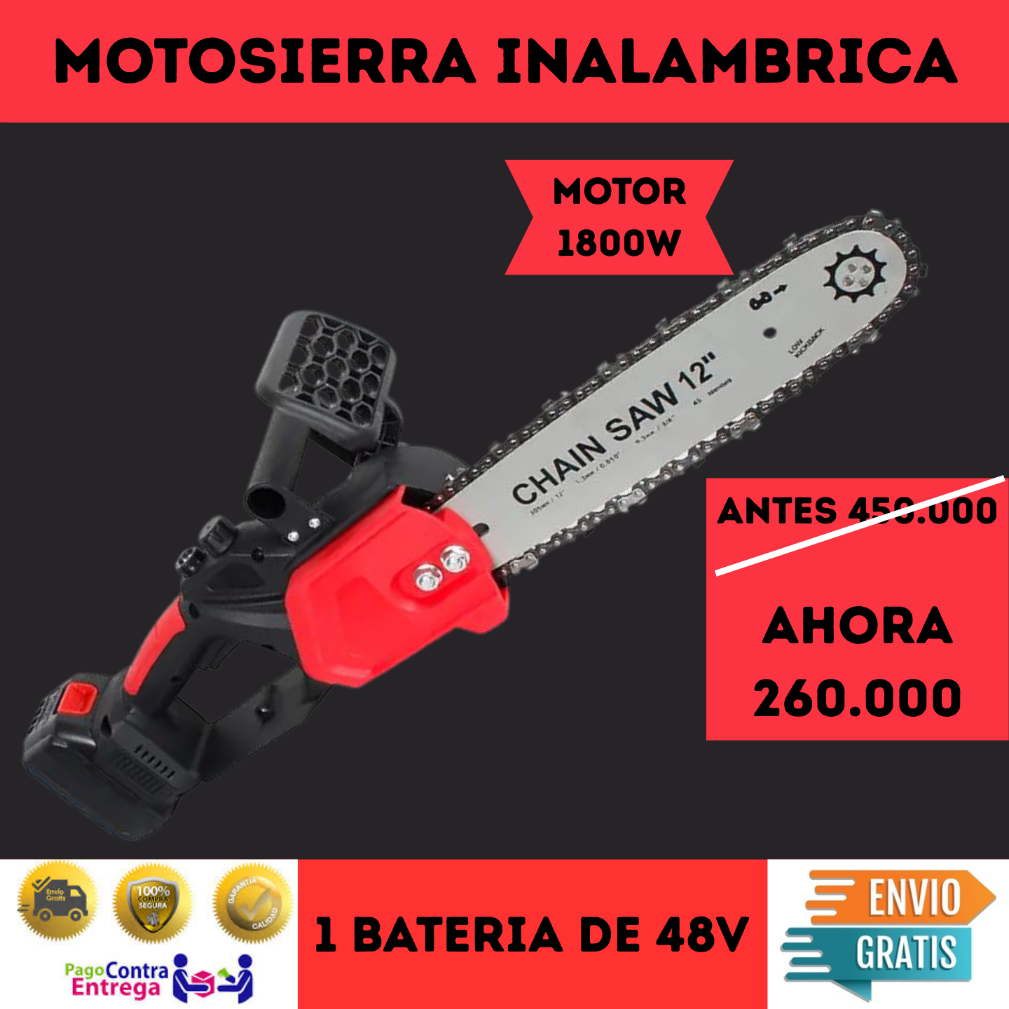 motosierra inalambrica 2  baterias de 48 V